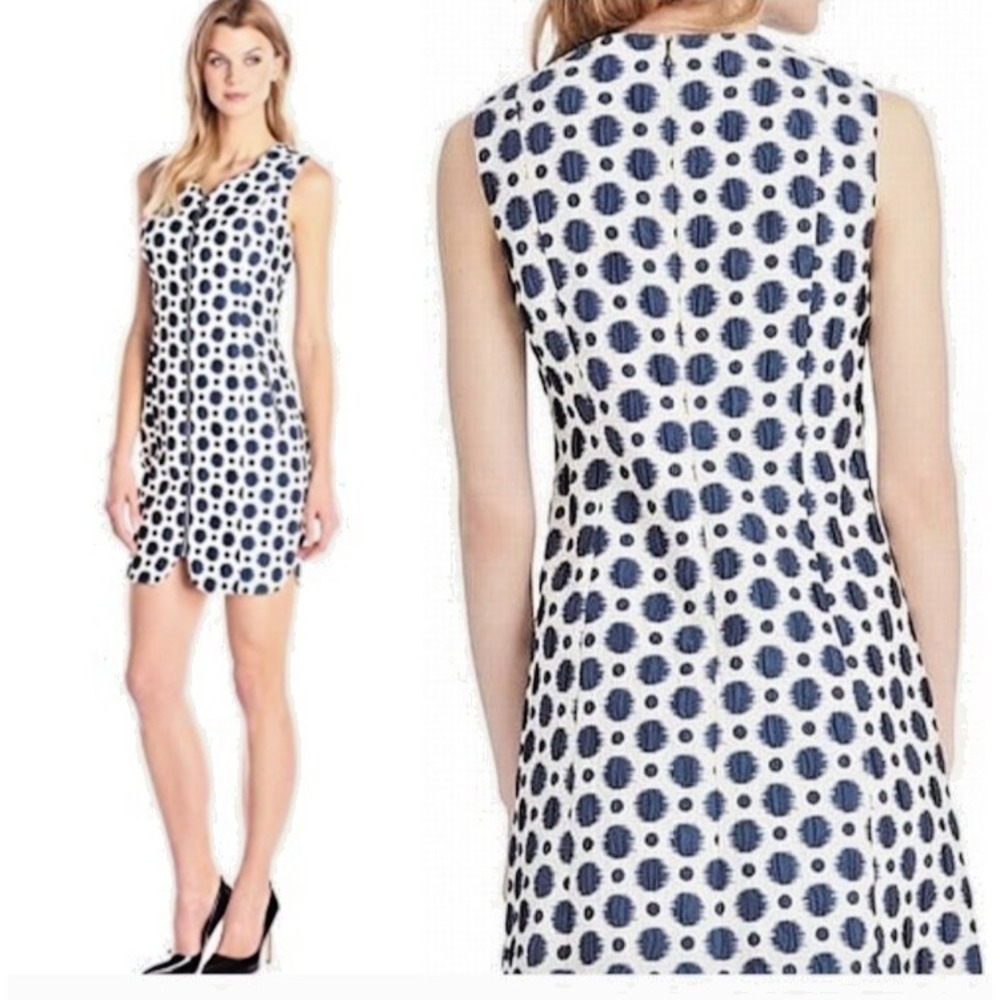 Donna Morgan Womens 8 Dress Zip Front Polka Dot Jacquard Pockets Sleeveless Chic
